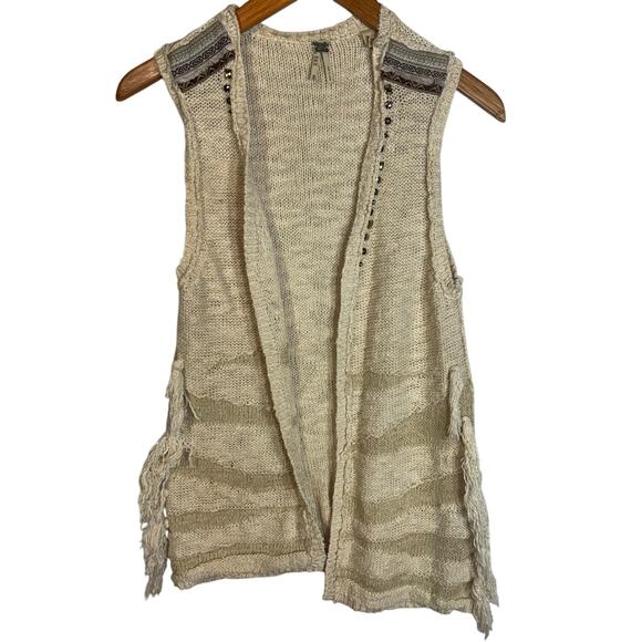 BKE Cotton Ivory Tassel Sweater Vest Women's Small Open Front Boho Studs - Picture 1 of 8